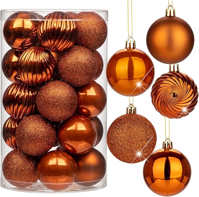 2.36" Brownish Orange Christmas Balls Ornaments 25 Pcs Shatterproof Christmas Ornaments Set Halloween Balls Ornament Brownish Orange Ornament for Xmas Tree Holiday Party