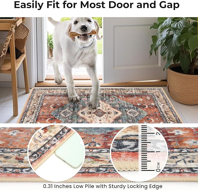 KOZYFLY Small Area Rug 2x3 Ft Rugs for Entryway Washable Boho Entry Rug Non Slip Door Mat Indoor Entrance Rust/Orange/Blue Printed Faux Wool Vintage Printed Kitchen Rug Throw Rugs for Entrance Kitchen