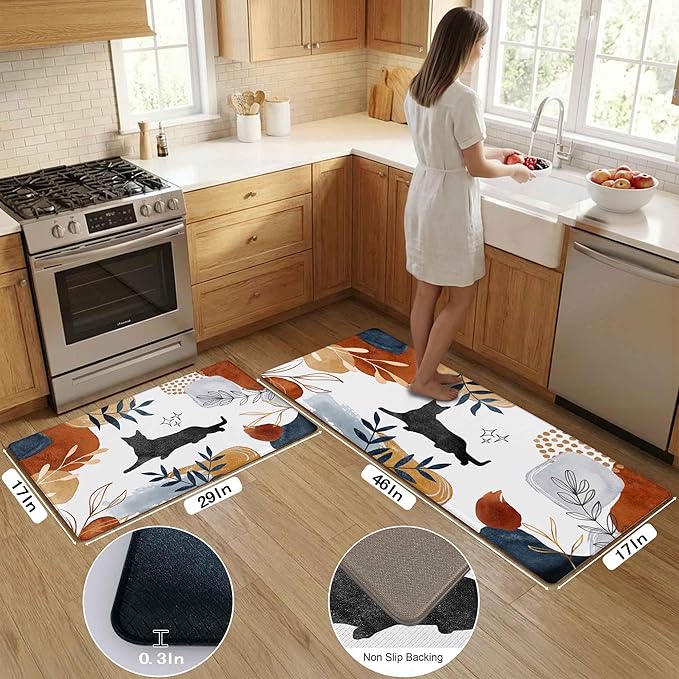 Boho Kitchen Rug Mats for Floor Cushioned Anti Fatigue Kitchen Rugs Sets of 2 Botanical Black Cat Non Slip Waterproof Comfort Memory Foam Standing Floor Mat for Office Laundry Sink Desk