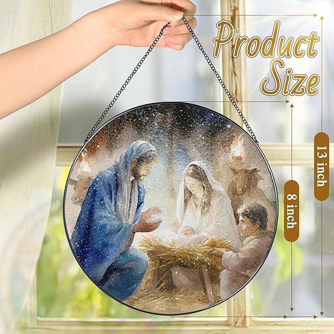 Stained Glass Suncatcher, Nativity Scene Sun Catcher Ornament; Stained Glass Window Hanging, Christmas Ornament, Christian Home Decor, Nativity Decor; Christian Gifts, Religious Gifts