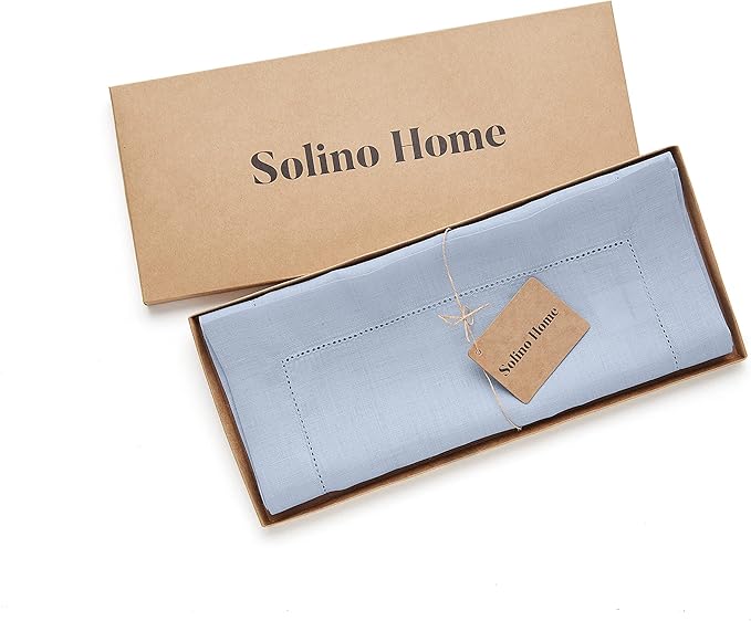 Solino Home Linen Sky Blue Table Runner 48 Inches - Classic Hemstitch, 100% Pure Linen Coffee Table Runner 14 x 48 Inch Ideal for Dresser Tables - Spring, Easter
