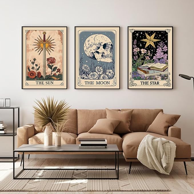 Pouydmi Tarot Card Wall Art Sun Moon Canvas Wall Decor Mystical Astrology Wall Art Boho Celestial Prints Star Skull Poster Tarot Card Picture for Living Room Bedroom 12x16x3 Inch Unframed
