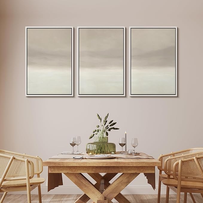 MUDECOR Framed Wall Art Print Set Misty Horizon Minimalist Foggy Mountain Landscape in Soft Neutral Tones Illustrations Realism Decorative for Living Room, Bedroom, Office - 16"x24"x3 White