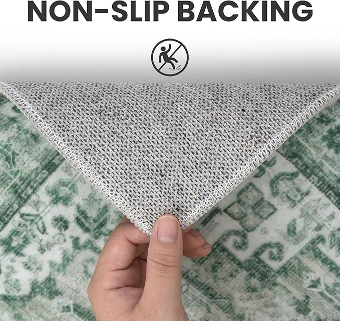 2x6 Runner for Hallways, Sage Green Non-Slip Printed Washable Kitchen Runner, Vintage Boho Rug with Non-Shedding, Soft Medallion Floor Carpet for Laundry Bedroom Entryway