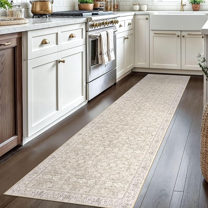 2x8 Washable Runner Rug for Hallways, Cream Beige White Grey Soft Classic Kitchen Rugs with Non-Slip, Non-Shedding Distressed Floral Rug for Hallways Entryway Bedroom Bathroom Laundry Indoor