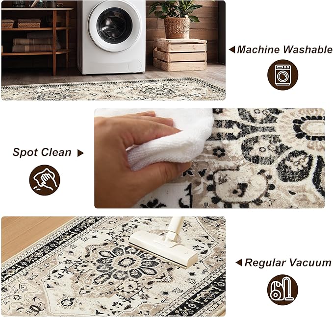 XWZO Washable Hallway Runner Rug 2x8ft — Non-Slip Low Pile Area Rug with Rubber Backing, Spill Resistant Soft Vintage Floor Carpet Runner for Kitchen Entryway Doorway Bedroom Corridor, Brown Beige