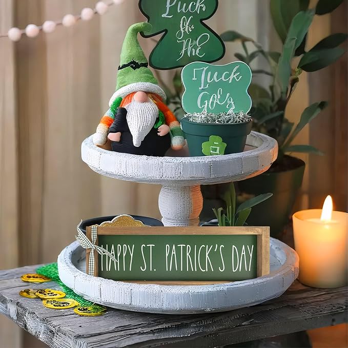 Happy St Patricks Day Sign, Wooden Saint Patrick's Table Centerpieces Decor, Indoor Irish Wood Plaque Tabletop Wall Art Shelf Mantel Office Desk March Green Farmhouse Decorations for Home