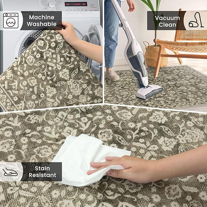 Vintage Washable 2x5 Rug Runner, Taupe Brown Runners for hallways, Super Soft Kitchen Runner Rug Non Slip, Print Faux Wool Floral Thin Carpet Runner for Entryway Indoor Bedroom