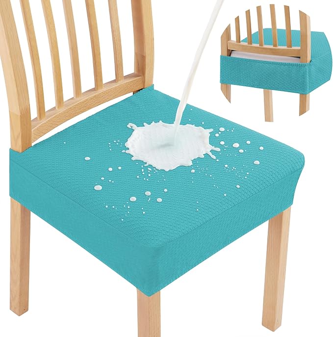 Smiry Waterproof Seat Covers for Dining Room Chairs Set of 2, Stretch Jacquard Removable Washable Chair Seat Slipcovers Protector, No Rear Covers, Aqua