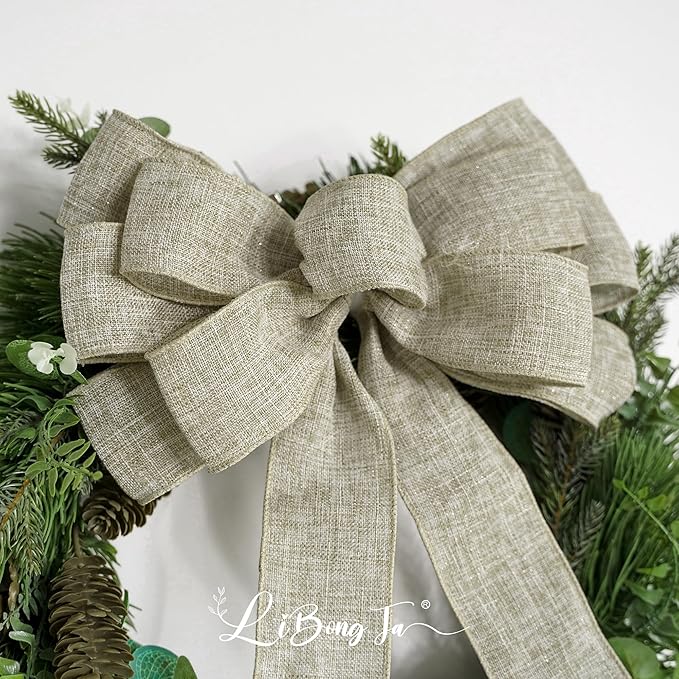 13" Burlap Wired Ribbon Bow Christmas Tree Topper Bow, Rustic Bow Party Decorations, Premade Bows with Twist Tie, Large Gift Bow for Outdoor Wreath, Wedding, Holiday, Birthday-1 PCs