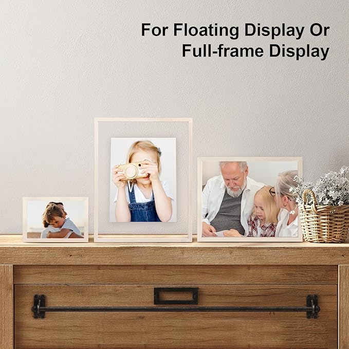 Egofine 12x12 Floating Frames Set of 2, Double Plexiglass Picture Frame, Made of Solid Wood Display Any Size Photos up to 12x12, Wall Mount or Tabletop Standing, Beige