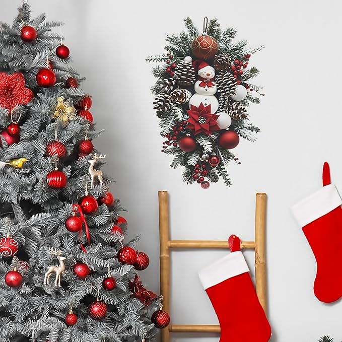 Vinyl Xmas Snowman & Pine Cones Leaves Wall Stickers - Removable Christmas Party Decorations for Kids