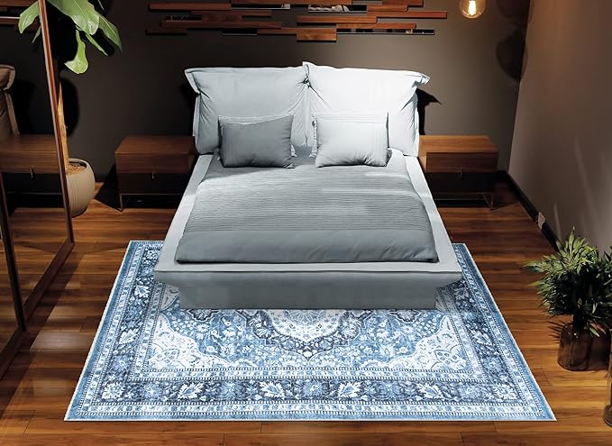 Bloom Rugs Caria Washable Non-Slip 8x10 Rug - Blue Traditional Area Rug for Living Room, Bedroom, Dining Room, and Kitchen - Exact Size: 7'8" x 10'