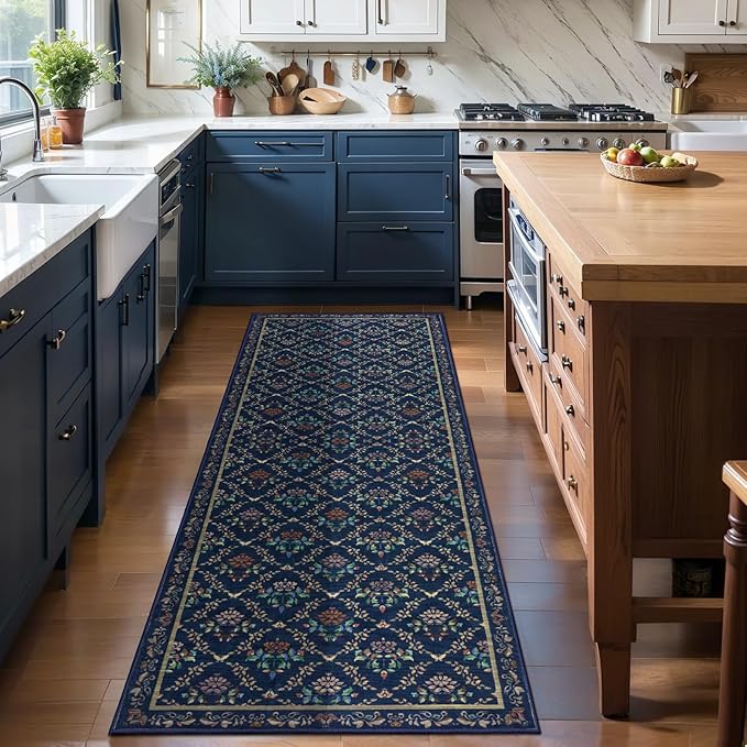 Tangsoo 2x6 Washable Runner Rug for Hallways, Non Slip Moroccan Trellis Blue Floral Carpet Runner, Soft Low Pile Floor Carpet Runner for Kitchen, Laundry, Bedroom, Bathroom, Living Room Home Decor