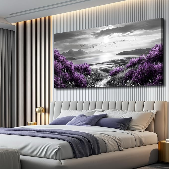 Canvas Wall Decor for Bedroom Large Wall Art for Living Room Modern Office Wall Decoration Purple Flowers Landscape Paintings Black and White Scenery Pictures Artwork Aesthetic Home Decor