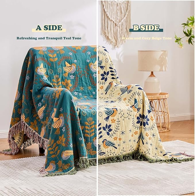 Yellow Boho Throw Blanket, 100% Cotton Blankets for Couch Bed, 80"x90"Cotton Quilt Travel Muslin Blankets Farmhouse Home Decor Soft Lightweight Picnic Blanket for Summer