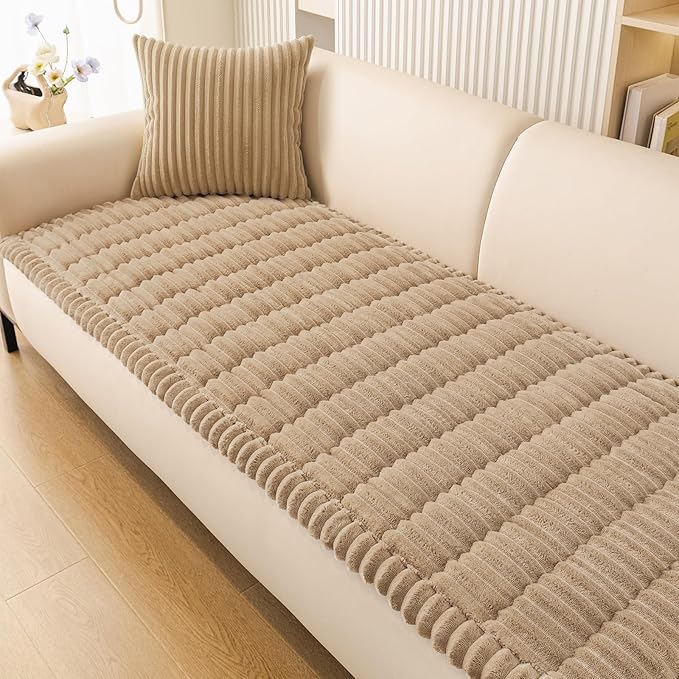 Smiry Couch Cover for Dogs Washable, Non Slip Fuzzy Pet Couch Covers for 3 Cushion Sofa Pet Friendly, Thick Soft Sofa Slipcovers Cushion Protector (Khaki, 27.6" x 27.6")