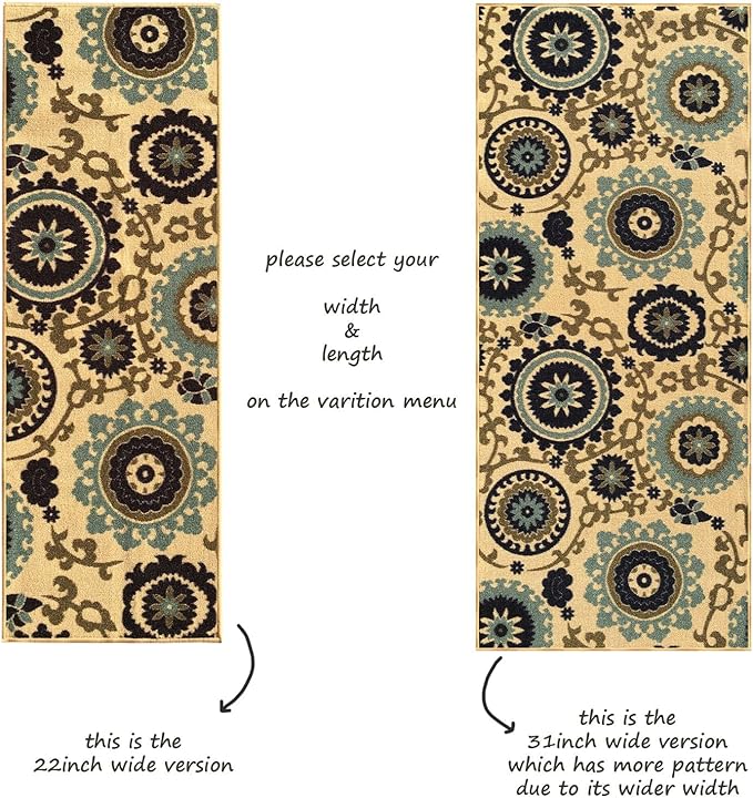 Custom Size Floral Medallion Rubber Backed Non-Slip Hallway Stair Runner Rug Carpet 31 inch Wide Choose Your Length, Beige 31in X 50ft