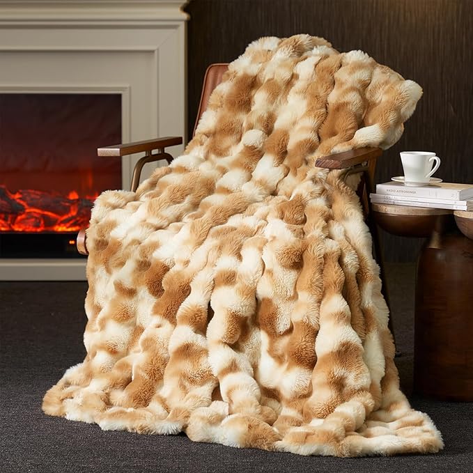 Amélie Home Faux Fur Throw Blanket, Ultra Soft Fuzzy Plush Bubble Blanket for Couch, Bed & Living Room, 60"x80", Tie-dye Khaki