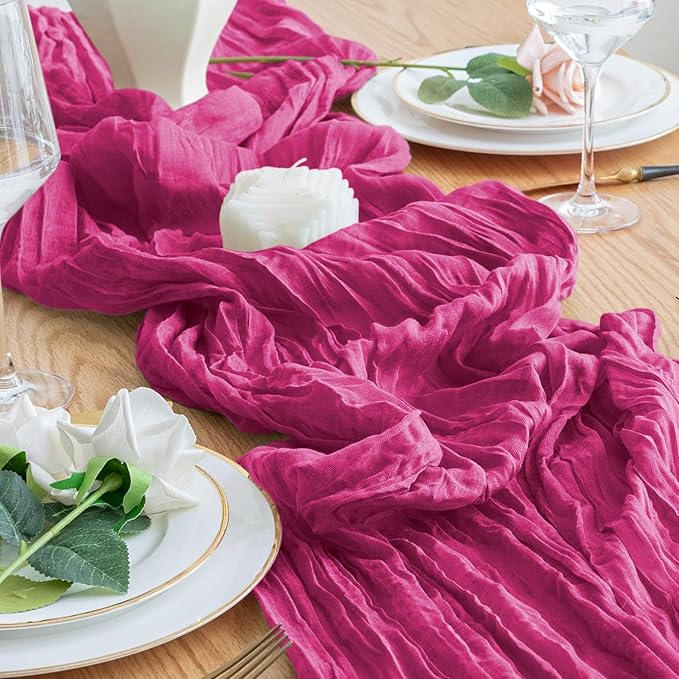 12PCS Table Runner Cheesecloth 10FT Fuchsia Boho Gauze Cheese Cloth Rustic Sheer Table Runners for Wedding Birthday Bridal Baby Shower Party Decoration