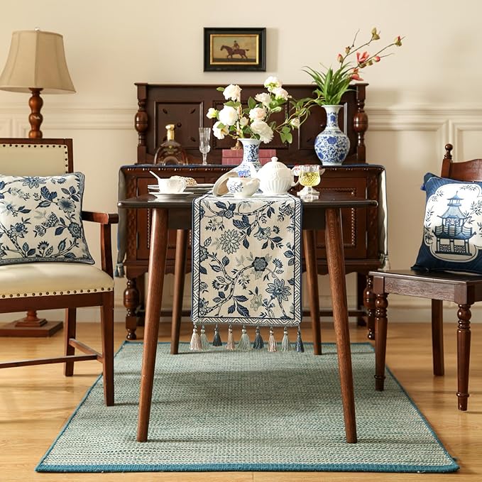bilingaier Decorative Linen Table Runner 102 Inches Long,Chinoiserie Blue Floral Cloth Runner for Coffee Table Decor Tabletop Table Runners for Kitchen,Dining,Party,Home,Christmas,12"*102"