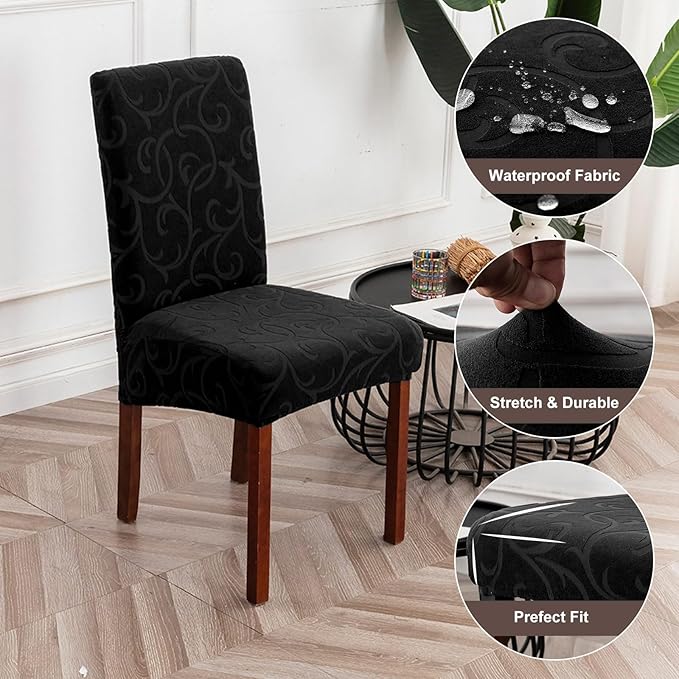Genina Waterproof Dining Room Chair Covers Stretch Parsons Chair Slipcovers for Dining Room Kitchen Chair Protector Cover, Removable, Washable (6, Flower Pattern-Black)