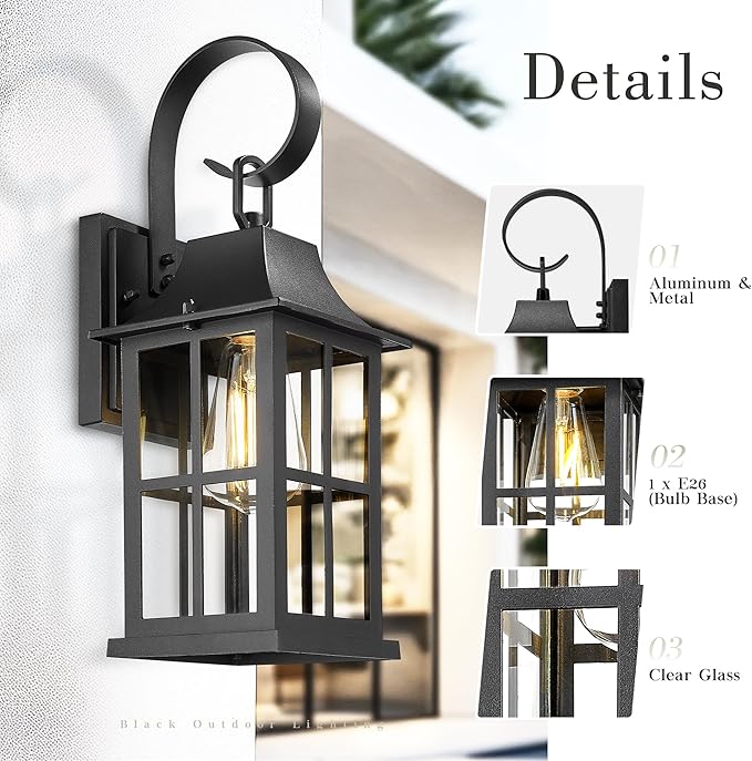 Emliviar Outdoor Porch Light Wall Mount, 15.4 Inch Patio Wall Light Fixture in Black Finish, Outside Light with Clear Glass for Garage, YXE306B BK