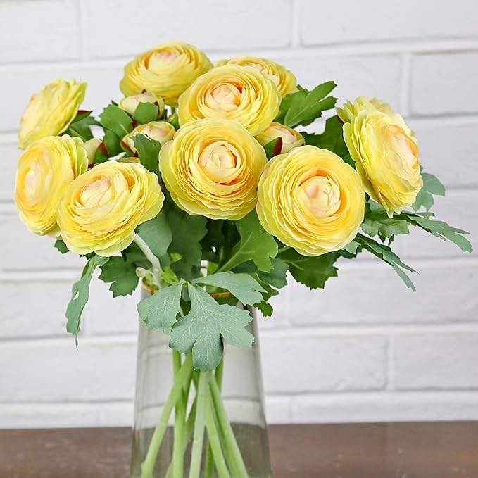 Artificial Ranunculus Flowers with Real Touch Stem, Silk Ranunculus Flowers (Creamy Yellow, 10pcs)