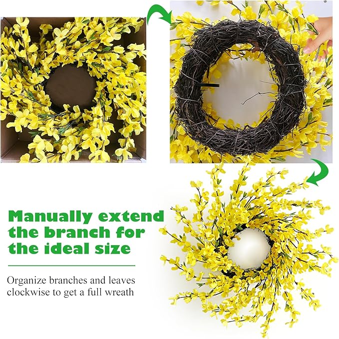 20 Inch Spring Wreath for Front Door, Yellow Forsythia Spring Wreath for Farmhouse Rustic Grapevine Blossom Cluster Festival Celebration Front Door Wall Window Party Decoration Home Décor