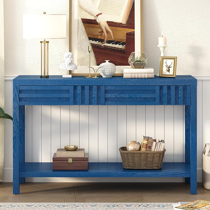 Modern Console Table with 2 Top Drawers and Bottom Shelf, Wooden 51'' Long Entryway Table Accent Sofa Table for Hallway Living Room Corridor Foyer (Navy Blue-AVR)
