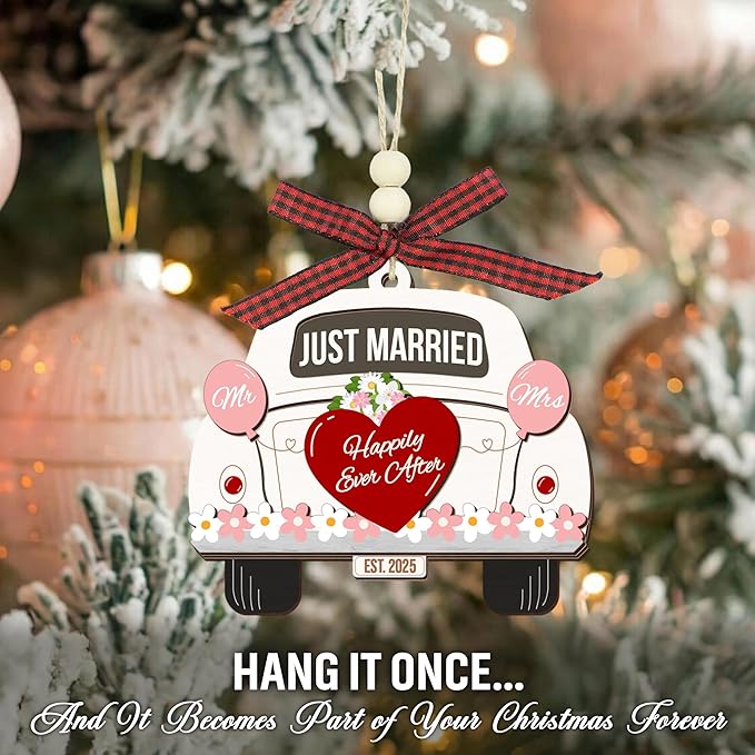 Wedding Gifts for Couples 2025, First Christmas Married Ornament 2025 - Just Married Wooden Ornament - Mr and Mrs Bridal Shower Gifts for Bride Newlyweds, Wedding Gift for Christmas Decorations