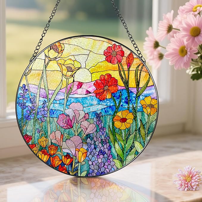 8-Inch Stained Glass Ornament, Stained Glass Window Hanging, Window Hanging Decor, Suncatcher Home Decor, Wildflowers Ornament | Mother's Day, Birthday, Christmas, Housewarming Gifts