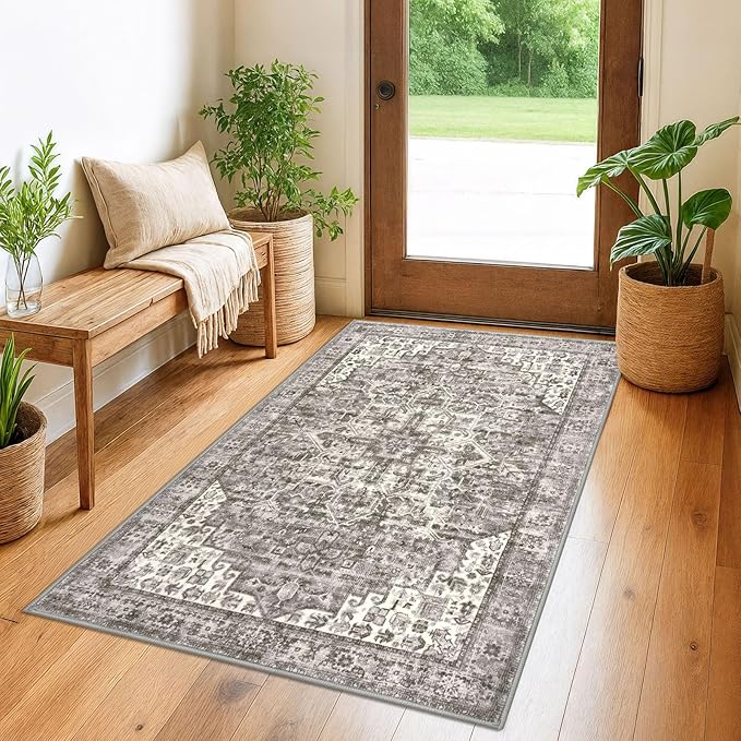 3x5 Washable Area Rugs for Entryway, Taupe Soft Medallion Printed Area Rug with Non-Slip, Low-Pile Vintage Boho Carpet for Living Room Bedroom Dining, Dorm Throw with Non-Shedding
