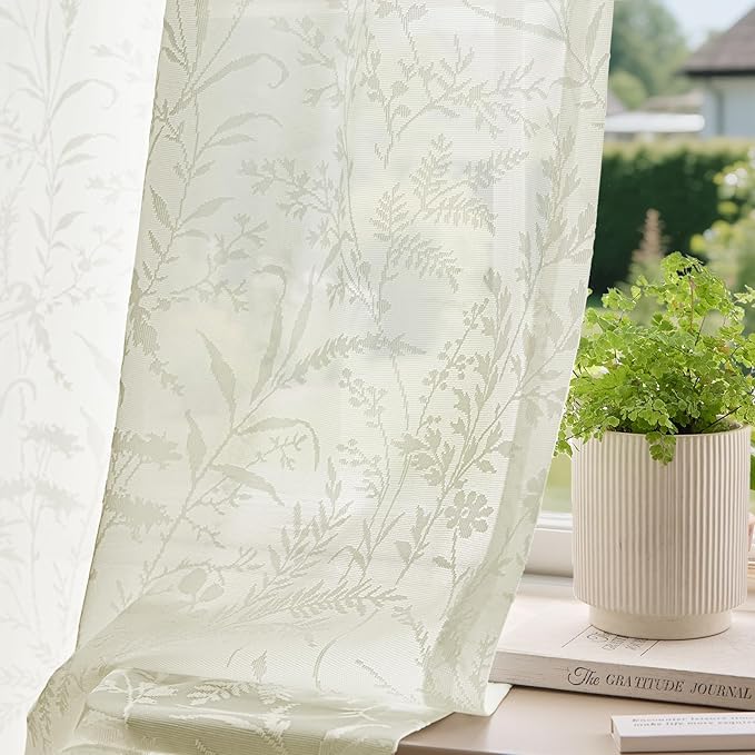 Anmao Cream Semi Sheer Light Filtering Short Curtains 45 Inches Long 2 Panels, Leaf Pattern Drapes for Living Room Bedroom, Rod Pocket Sheer Window Treatments with Floral Design, 52x45 Inch, Ivory