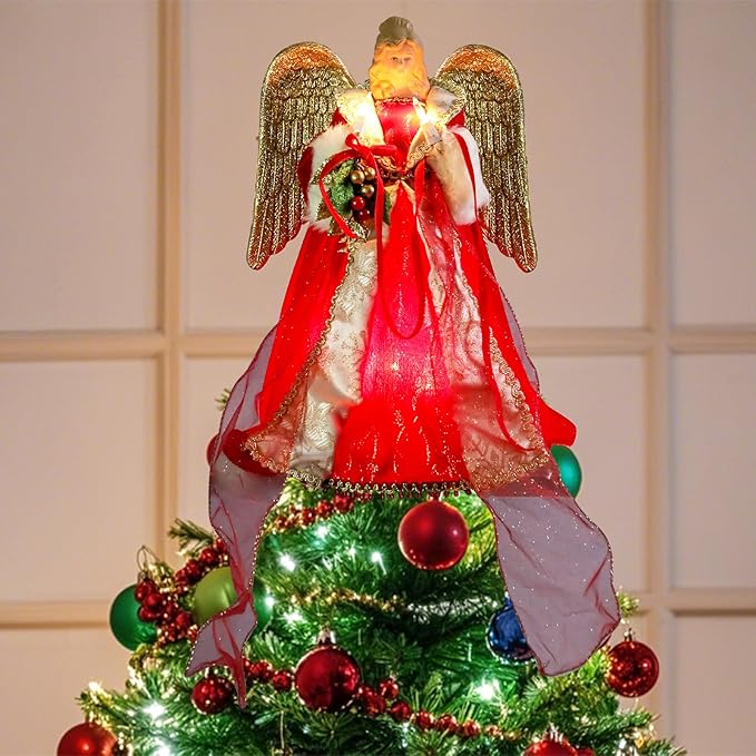 Vigdur Christmas Tree Topper Lights - 13Inch Angel Christmas Tree Topper Plug in with LEDs Golden Wings, Angel Christmas Decorations for Home Holiday Party Wedding Christmas Decor