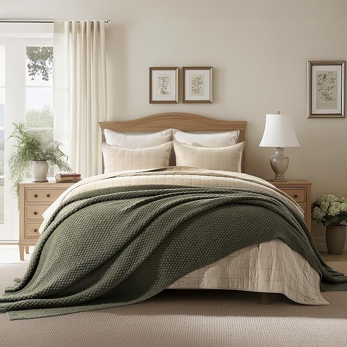 EVERGRACEHOME Chunky Chenille Knit Throw Blanket for Couch, Soft Luxurious Oversized King Moss Stitch Blanket for Bed, Large Cozy Farmhouse Knitted Throw for Sofa, Olive Green, 92" x 108"
