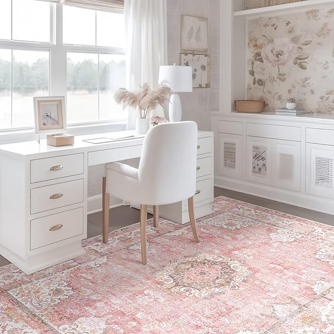 Pink Rug 3'x5',Washable Area Rugs for Bedroom Living Room Kitchen Entryway Bedside,Small Boho Vintage Bohemian Distressed Oriental Non Slip Carpet,Blush Floral Flowers