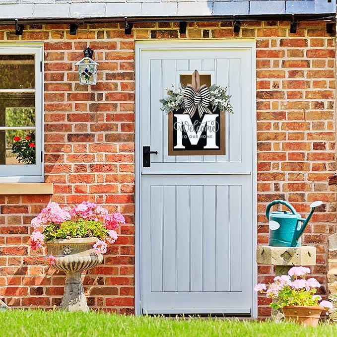 Last Name All Year Round Front Door Garland, Front Porch Decoration 26 Letter Welcome Garland and Eucalyptus and Bow Suitable for Spring Summer Winter Used for Front Door Hanging Garland (M)