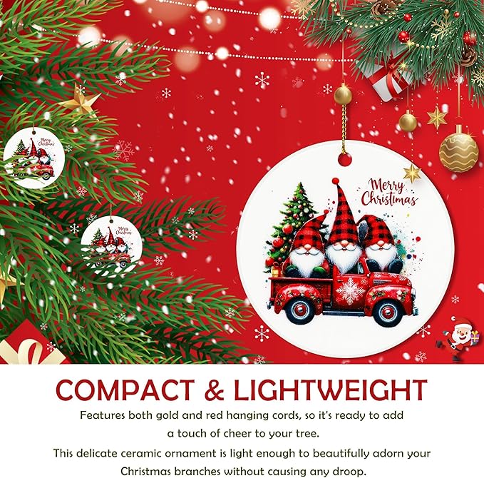 Christmas Gnome Red Truck Ornament – Ceramics Hanging Decoration for Christmas Tree, Clear Acrylic Gnome & Red Truck Design, Xmas Holiday Home Décor & Gift