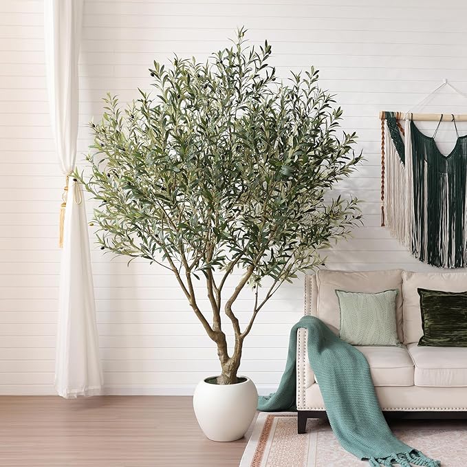 Olive Trees Artificial Indoor, 8FT Tall Faux Olive Tree with Round White Planter, UV Resistant Outdoor Large Fake Olive Plants for Modern Home Decor Living Room Office