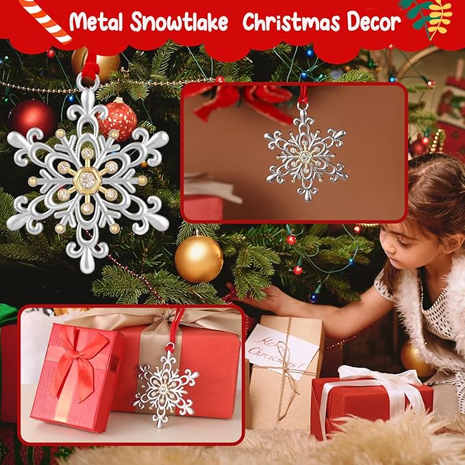 Snowflake Christmas Ornament Set - Silver & Gold Plated Metal Snowflake Ornaments for Christmas Tree - Annual Holiday Keepsake (Style A)