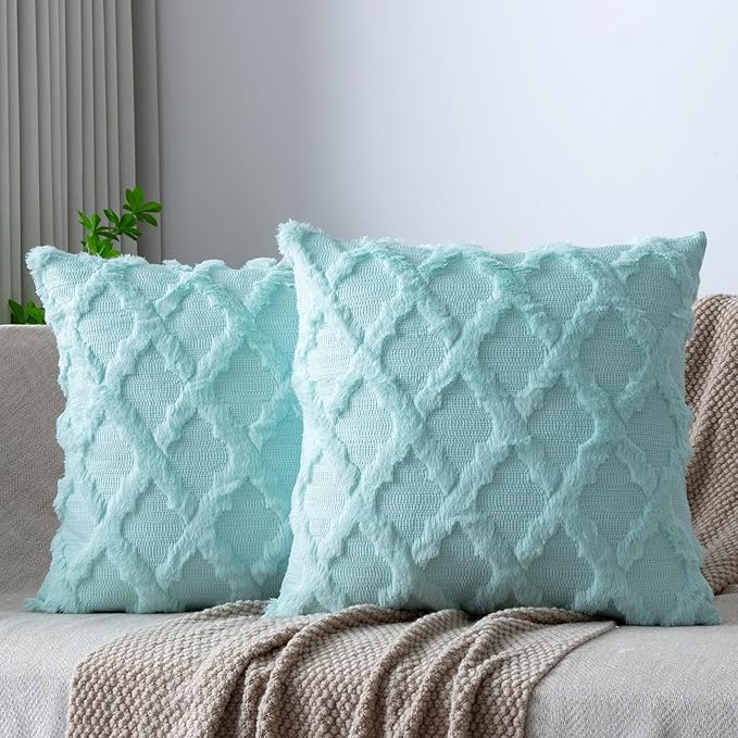 Set of 2 Soft Moroccan Throw Pillow Covers 22x22 Inch Plush Boho Decorative Pillow Cover Accent Cushion Case for Couch Sofa Bed, Light Aqua