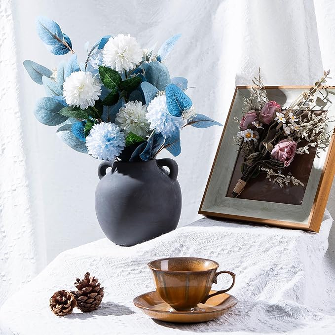 6in Ceramic Vase with Handle - Short Ball Vase - Vintage Terracotta Flower Vases for Home Decor Decorative Porcelain vase - Farmhouse Vase for Living Room Shelf Decor Table, Lyeec
