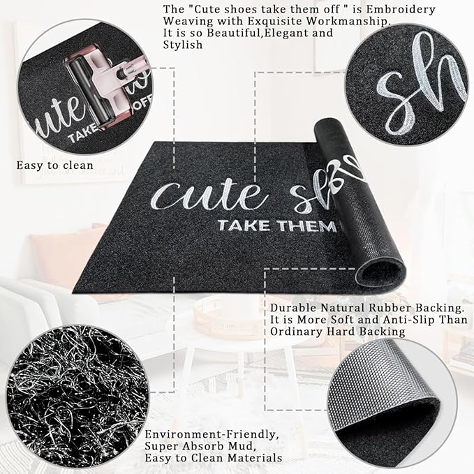 Welcome Mat Outdoor Entryway Cute Shoes Take Them Off Mats for Front Door with Rubber Backing Doormat All-Weather Indoor Mat Polystyrene Non Slip Natural Mat Black