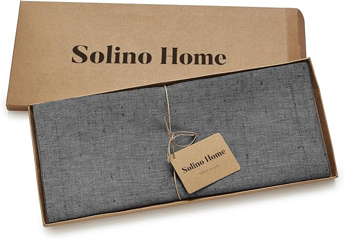 Solino Home Linen Table Runner 48 Inches - 100% Pure Linen Charcoal Grey Table Runner 14 x 48 Inch Ideal for Dresser and Coffee Tables - Athena - Winter