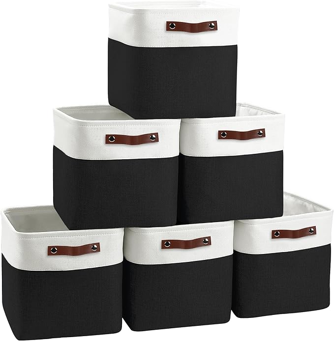 Cube Storage Baskets 6 Pack, 11x11 inch Cube Storage Bins with Leather Handles for Shelf Closet (White/ Black)