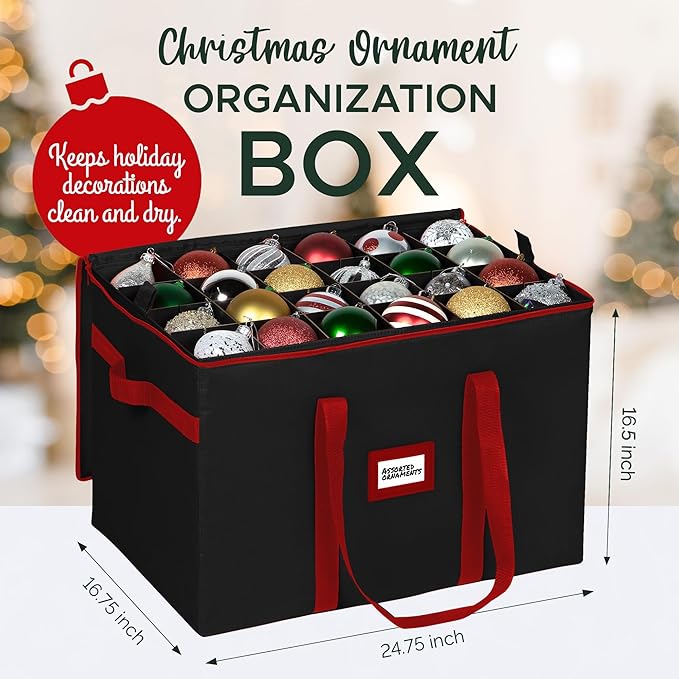 Christmas Ornament Storage Container,Box Stores Up to 96-4 inch ornaments, Adjustable Dividers, Large Organizer Bin to Protect and Store Holiday Décor - Black