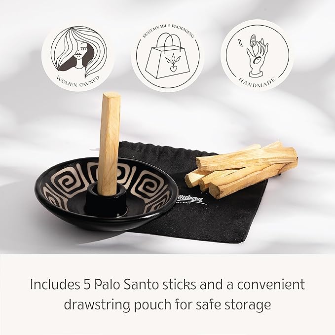 Luna Sundara Authentic Peru Pottery Palo Santo Stick Holder and Incense Holder with 5 Palo Santo Sticks Handmade Ceramic Smudge Bowl Sage Holder Black and White Maze Gift Set
