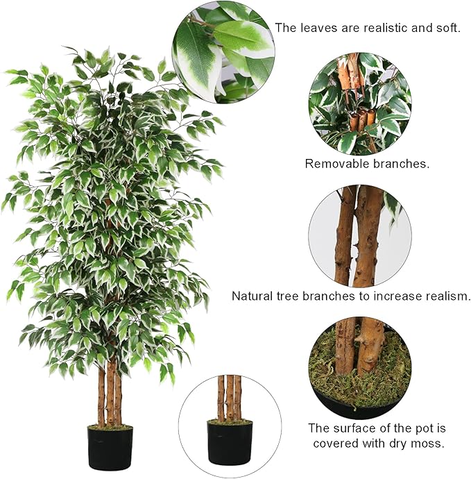 GTIDEA 6ft Artificial Tree Ficus, Tall Faux Trees Indoor with Natural Trunk and Fake Silk Tree Fake Plants for Home Winter Decor Living Room Outdoor Balcony House Office (Included Dried Moss)