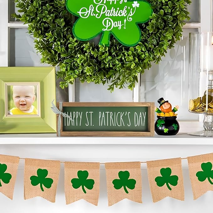 Happy St Patricks Day Sign, Wooden Saint Patrick's Table Centerpieces Decor, Indoor Irish Wood Plaque Tabletop Wall Art Shelf Mantel Office Desk March Green Farmhouse Decorations for Home